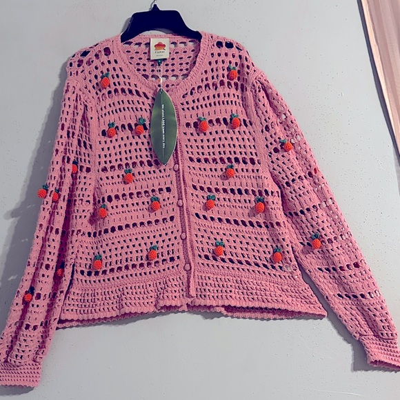 Farm Rio Pink Crochet Sweater with Floral Accents NWT
